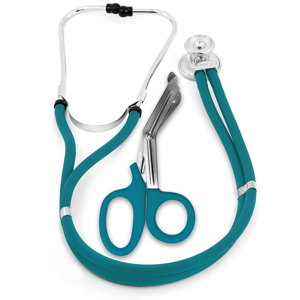 Estetoscopio de doble tubo para adultos y pediátricos + tijera de trauma (Negro)